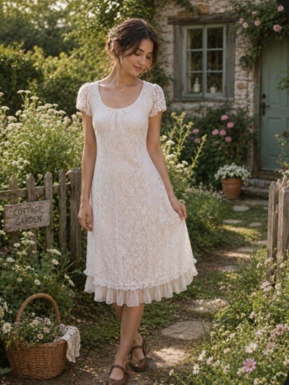 A'Reve Ivory Lace Overlay Ruffle Hem Dress Small Romantic Summer Cottagecore